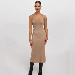 Brunette The Label Jennifer Rib Knit Maxi Dress in Fawn Tan size L XL